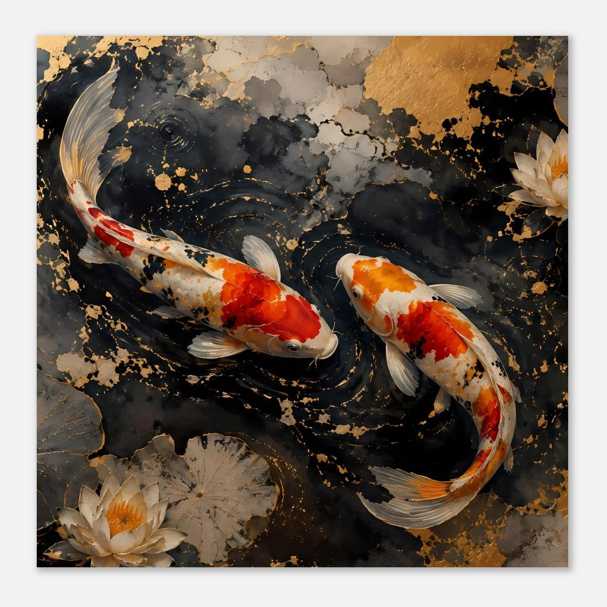 Nahansicht-Poster mit zwei Koi im dunklen Wasser, Rot-Orange-Farbflächen und goldenen Punkten
