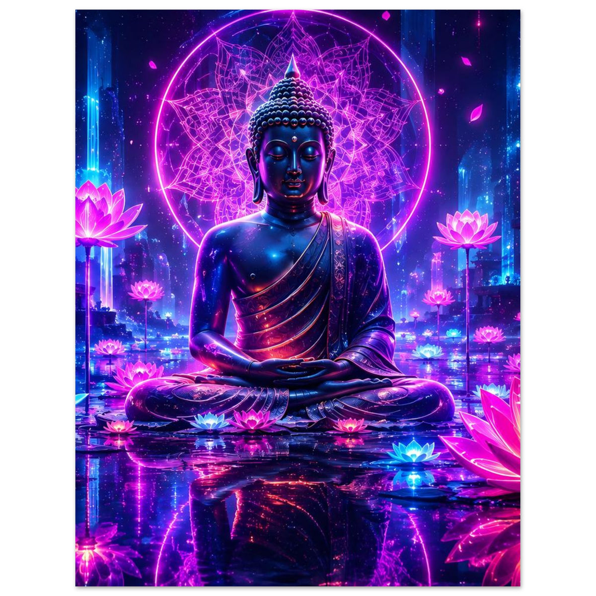 Neon-Buddha-Poster im Hochformat: Buddha im Lotussitz umgeben von leuchtenden Lotusblüten