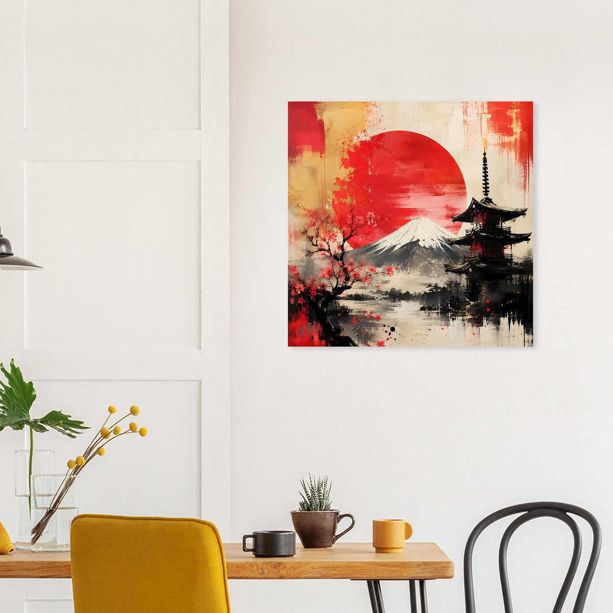 Japanisches Poster mit roter Sonne, Fuji und Pagode, Kirschblüten und Farbklecksen