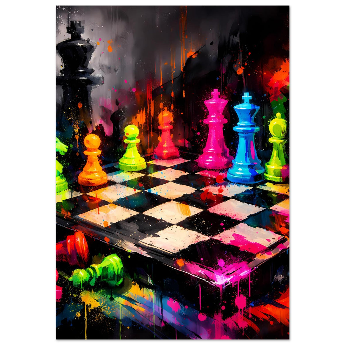 Hochformat-Poster mit abstraktem Schachbrett und leuchtenden Schachfiguren in Neonfarben