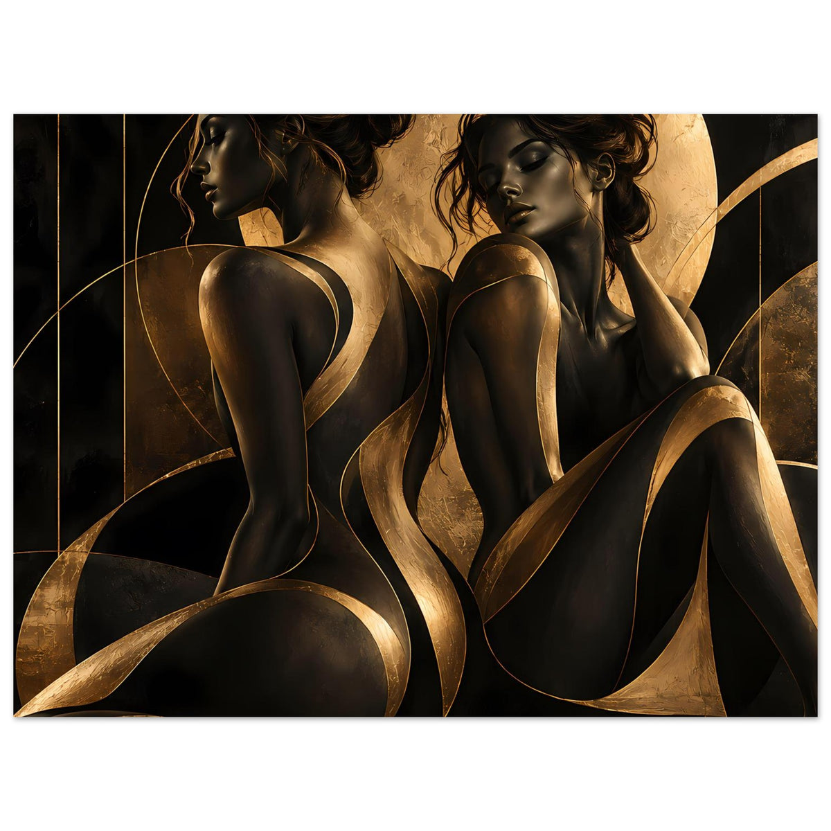Kunstposter im Querformat mit zwei Frauenakt-Silhouetten, schwarz und gold im goldenen Bogen