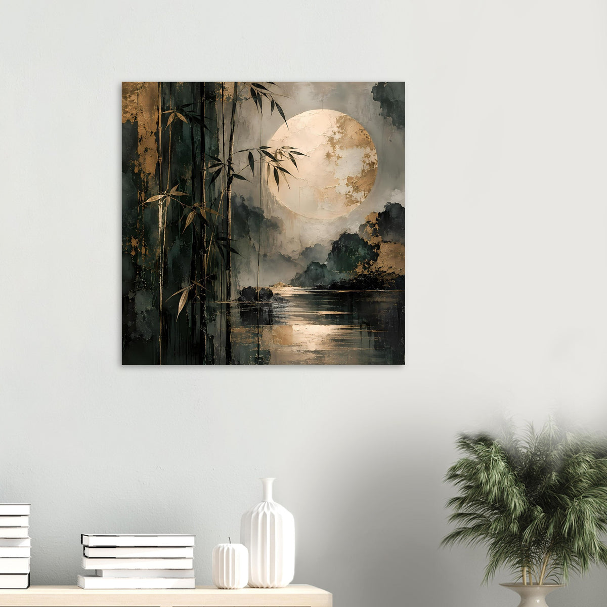 Wandposter-Print mit Bambus und Mond über See, goldene Akzente in Dunkelgrün