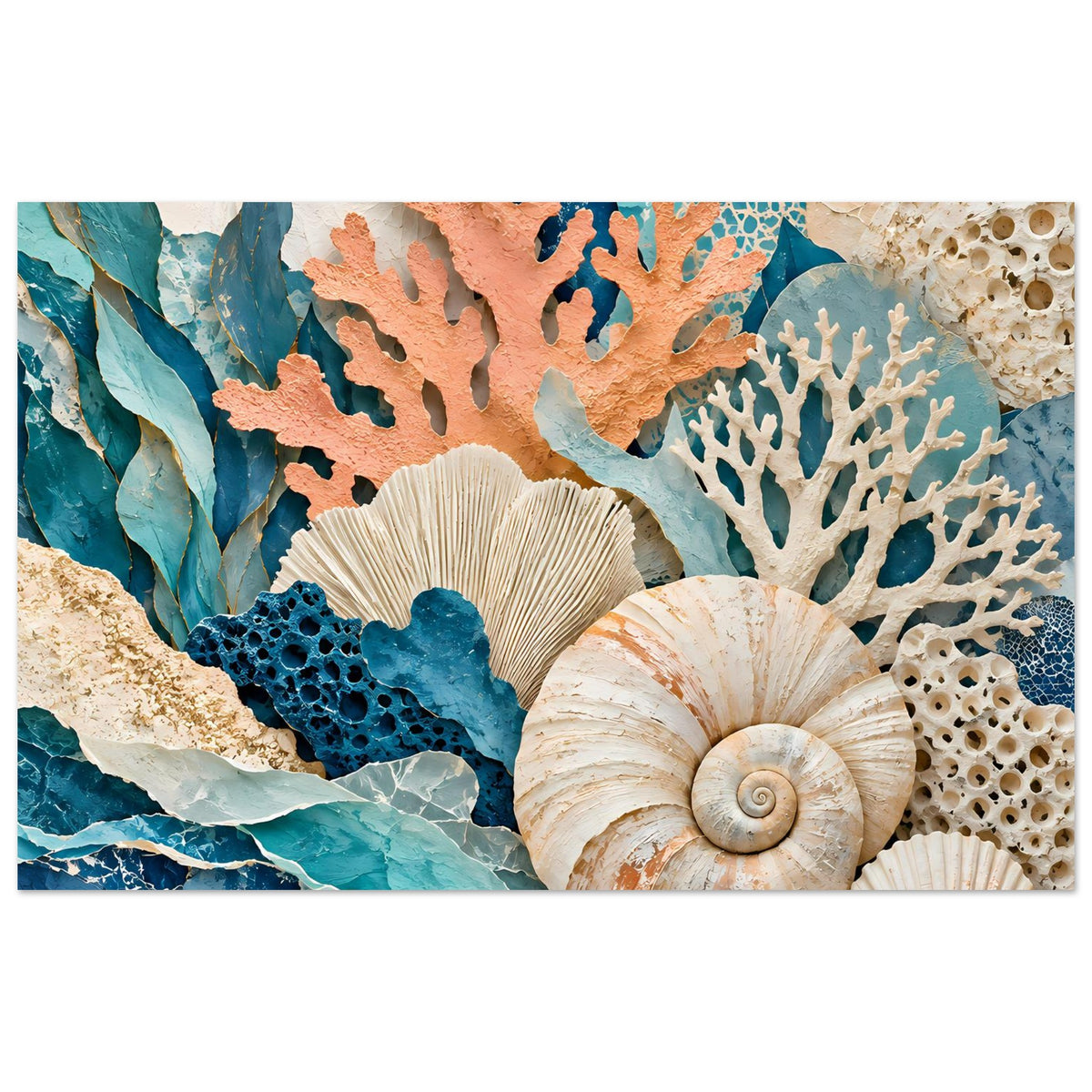 Poster mit Korallen- und Muschelmotiv in Blau-, Türkis- und Beigetönen, quer