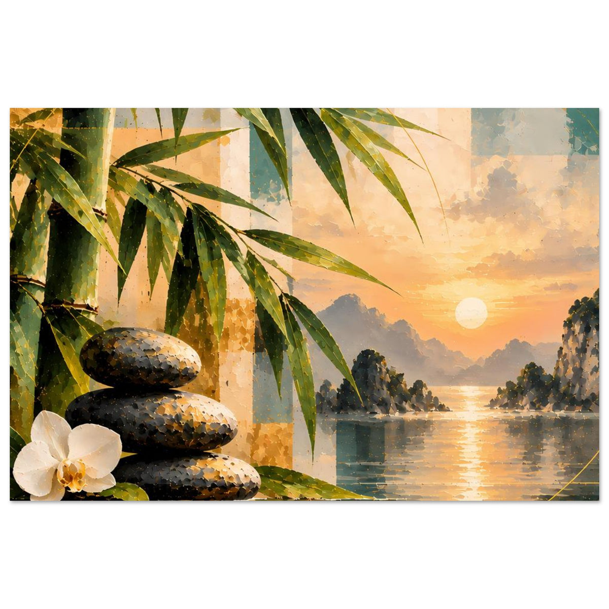 Deko-Poster: Bambus vor See mit Sonnenuntergang, dunkle Steinstapel und weiße Orchideenblüte