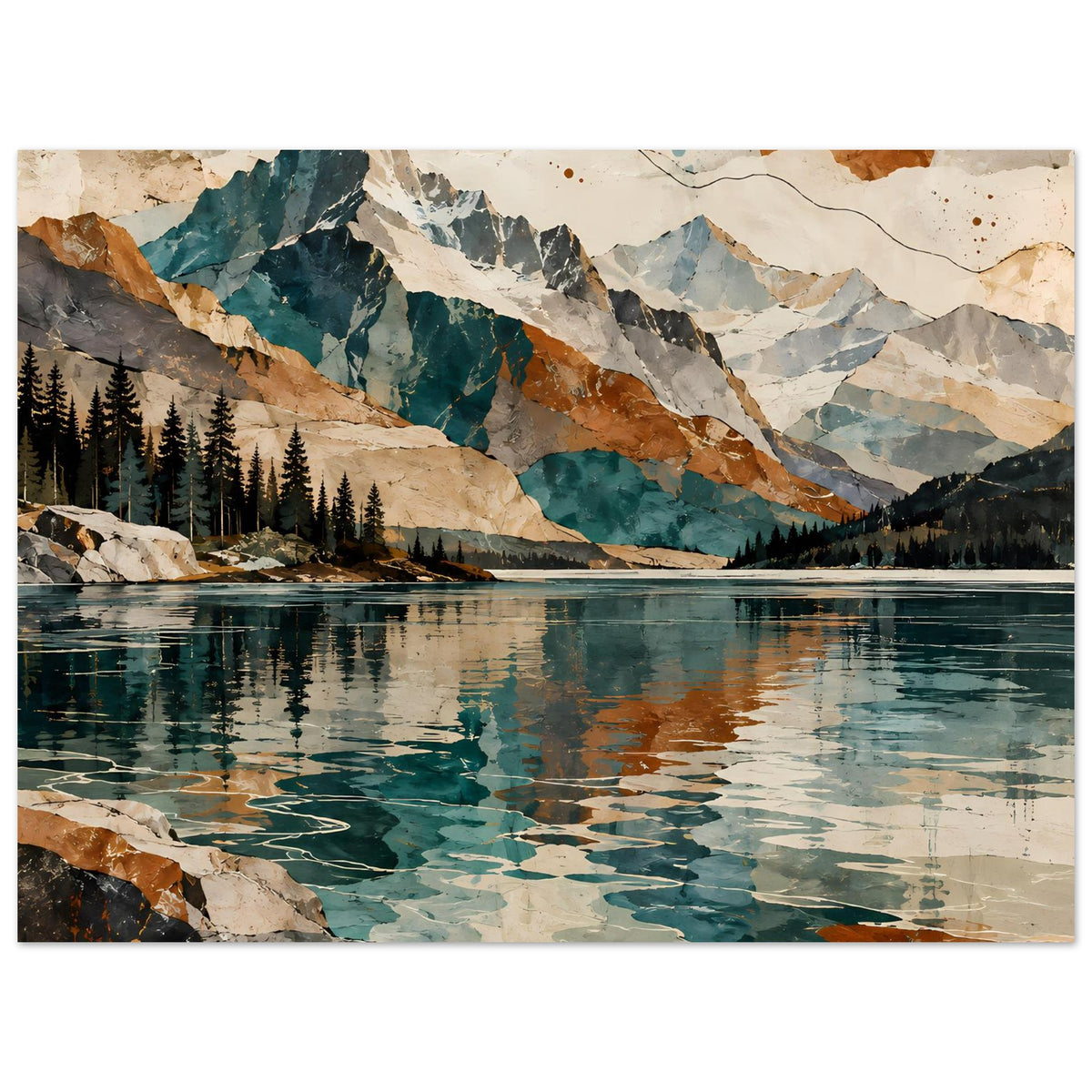 Wandposter mit Nahansicht von Bergsee und Felsen, Tannen am Ufer, Vintage-Design