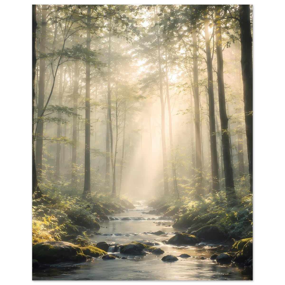 Naturposter mit Sonnenstrahlen im Wald und schmalem Bachlauf, Steine im Vordergrund