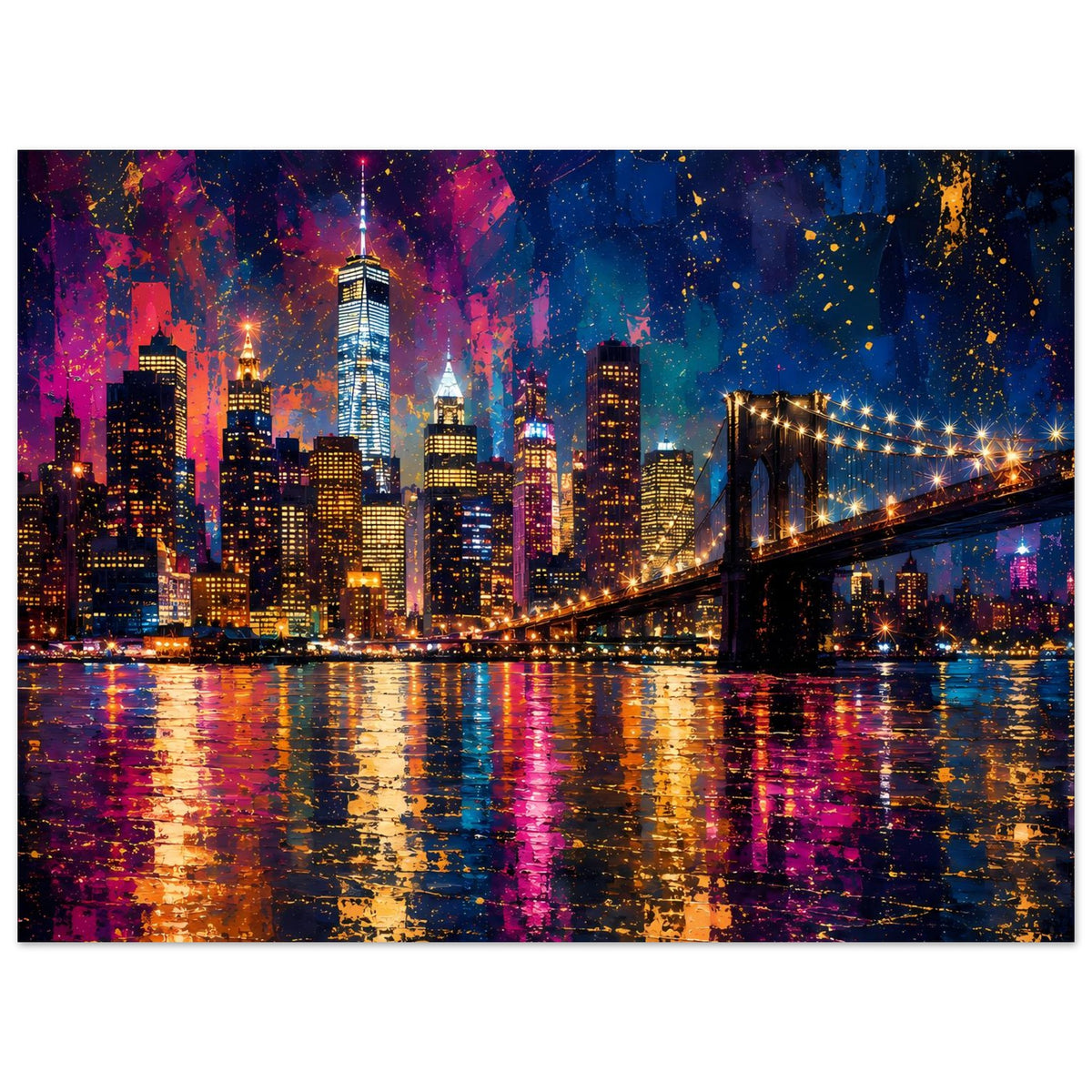 Abstraktes Stadtposter mit Farbspritzern: Skyline bei Nacht, Hängebrücke und bunte Reflexionen
