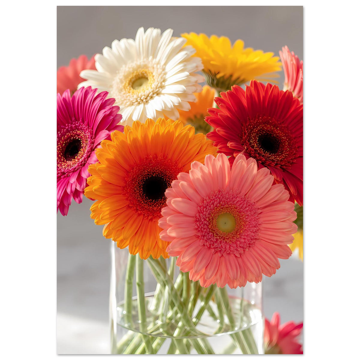 Vertikales Poster mit Gerbera-Blumenstrauß in klarer Glasvase, viele Farbtöne