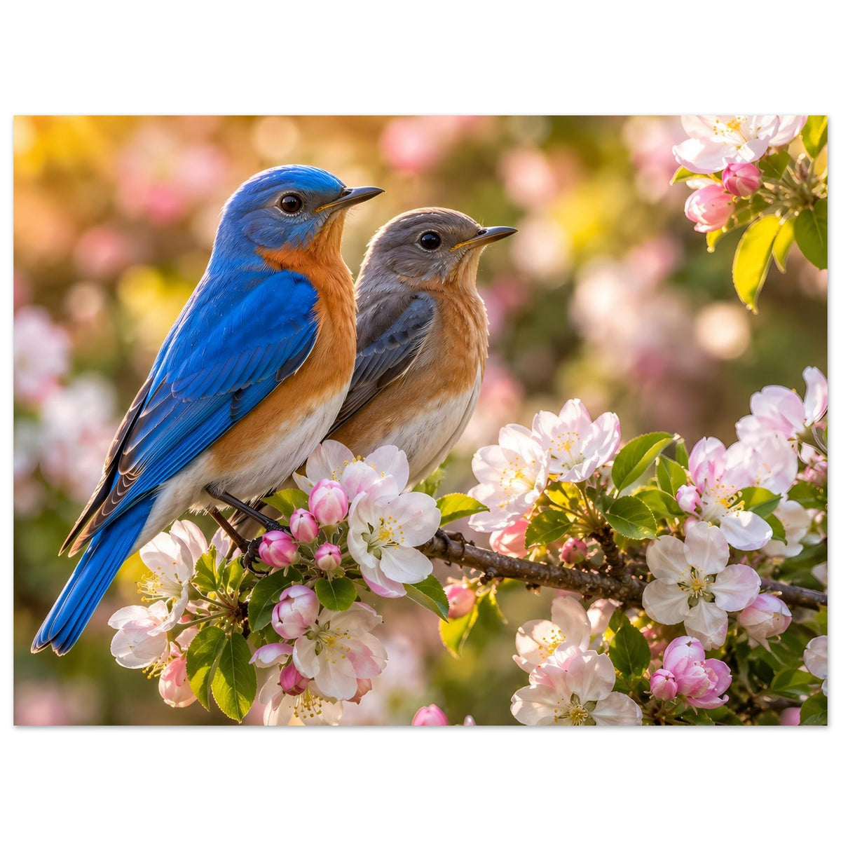 Vogelposter im Querformat: zwei blaue und braune Vögel auf Kirschzweig mit Blüten
