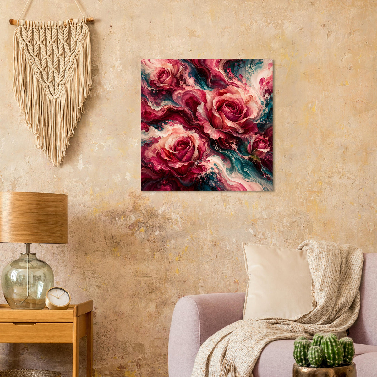 Quadratisches Rosenblumenposter mit roten Blüten und türkisfarbenen Akzenten.