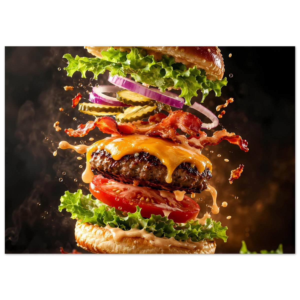 Burgermotiv-Poster, Nahansicht: mehrschichtiger Burger mit grünem Salat und gelber Sauce
