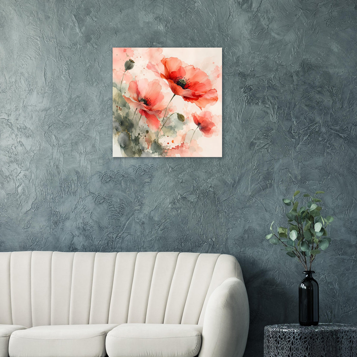 Quadratisches Wandposter mit aquarellierten Mohnblumen in Korallrosa und Grün