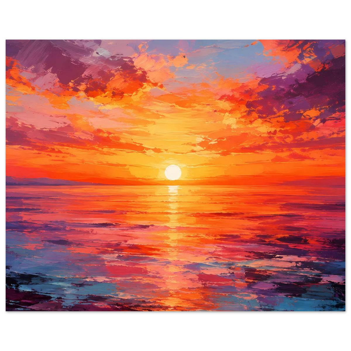 Poster Sonnenuntergang über dem Meer mit orangefarbenem Himmel und violetten Wolken
