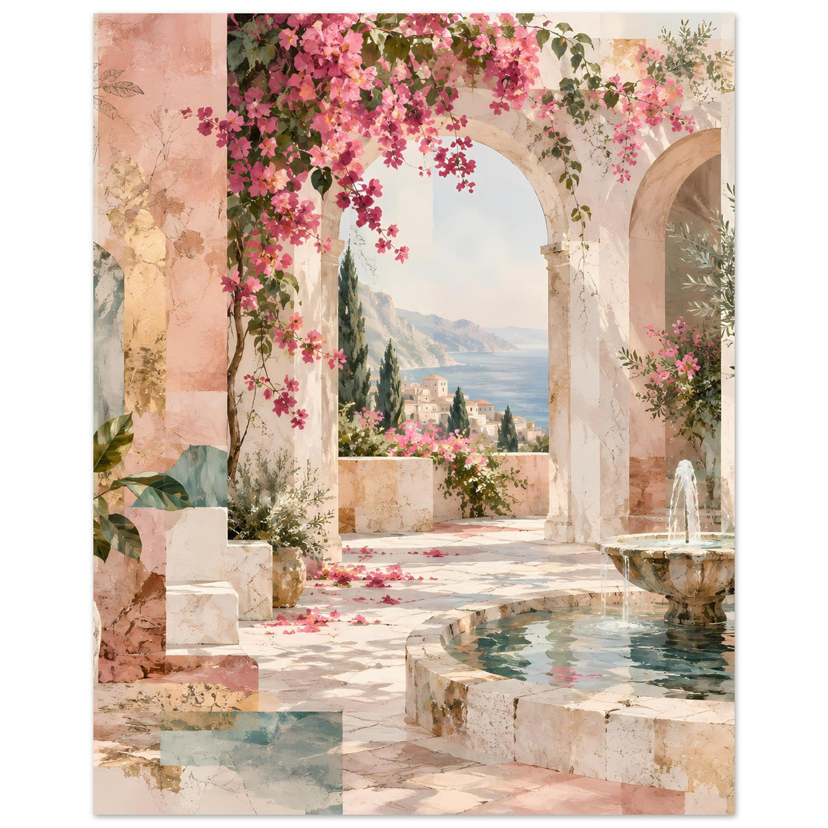Kunstposter im Hochformat: Arkaden mit rosa Blüten, Steinterrasse und Brunnenbecken