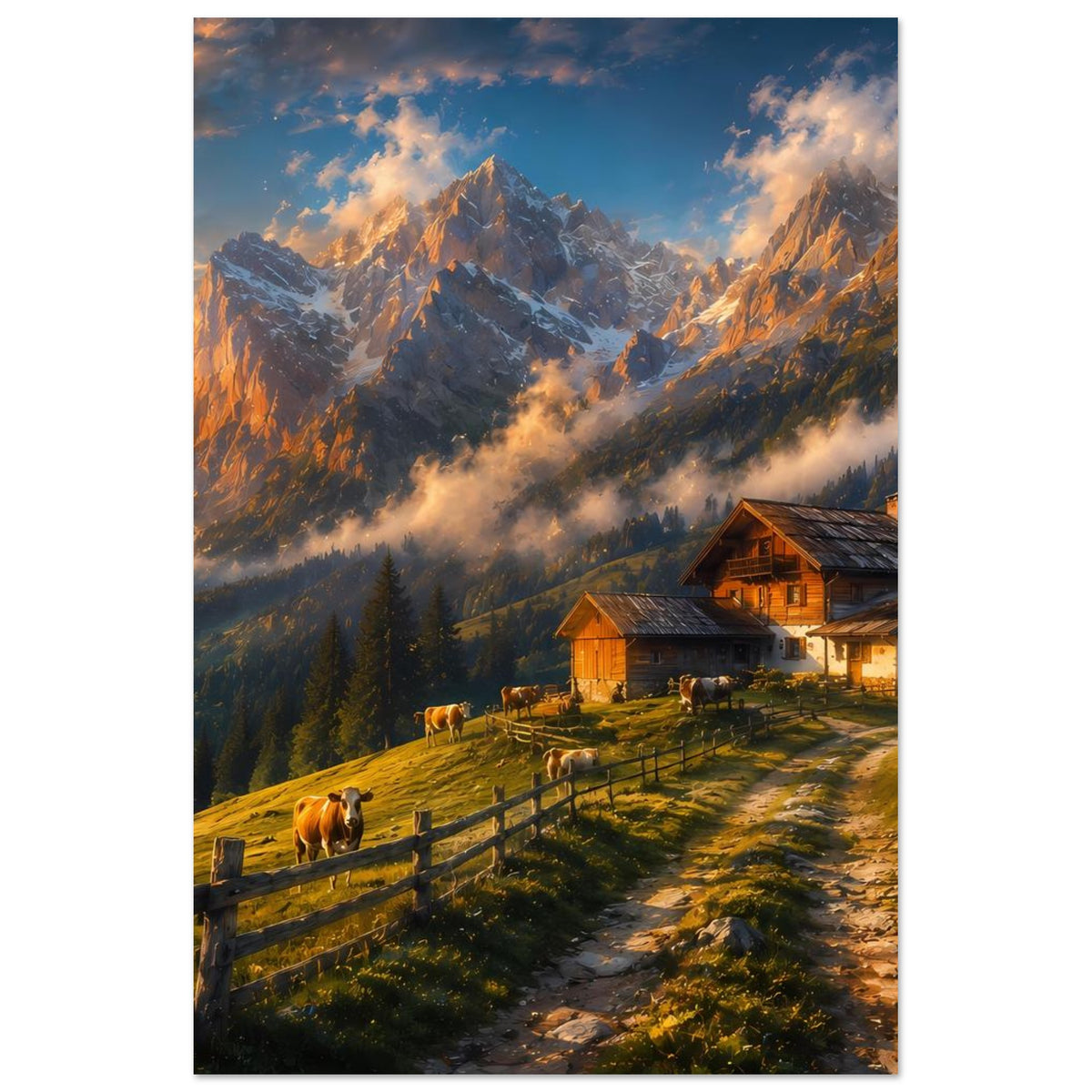 Poster zeigt Almhütte am Weg, Kühe im Gras und hohe Alpengipfel in warmem Licht