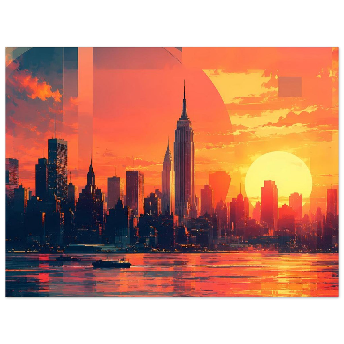 Horizontales Poster mit City-Skyline bei Sonnenuntergang, leuchtenden Farben und Spiegelung im Wasser