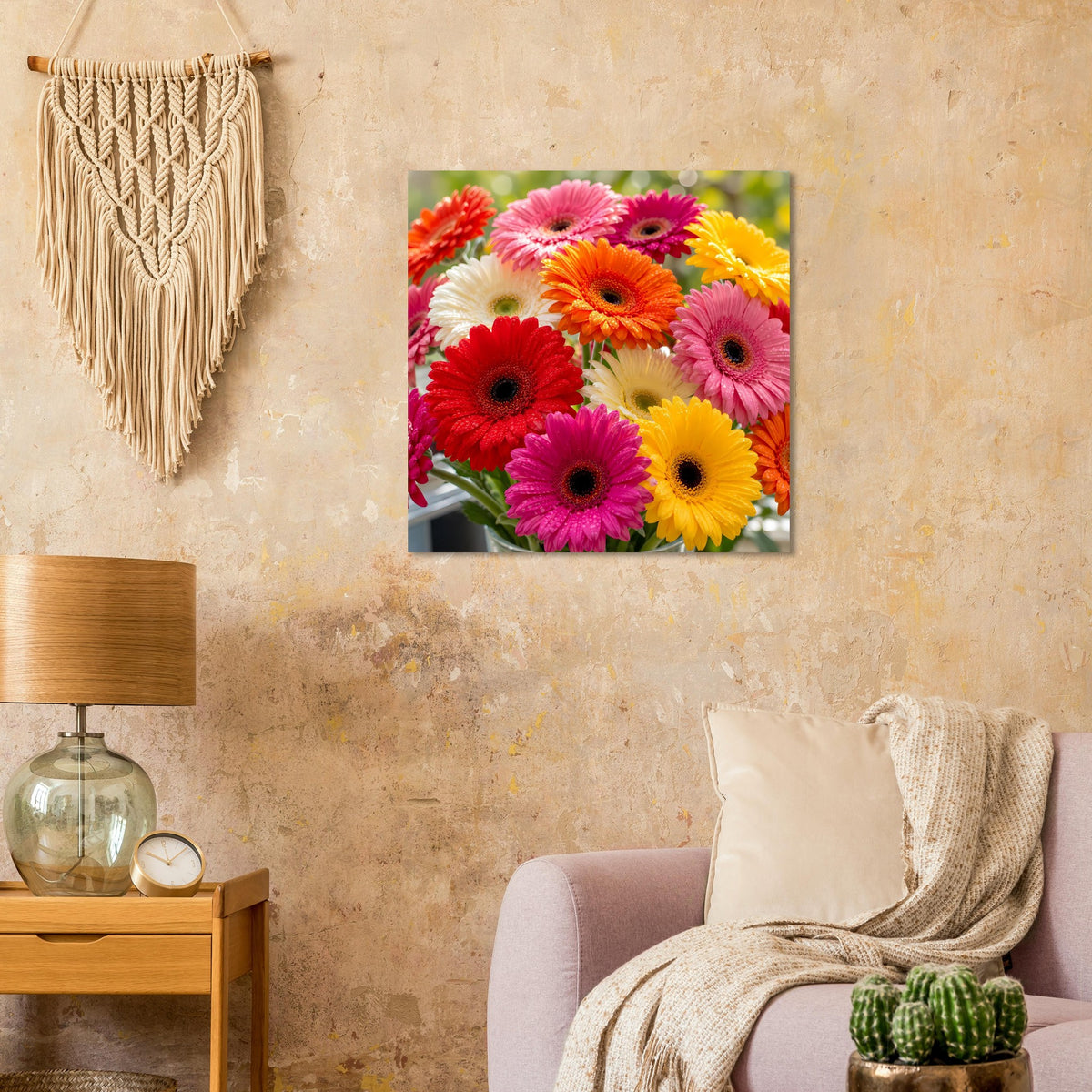 Quadratisches Poster mit Gerbera-Blumenstrauß in kräftigen Farben, viele Blüten.