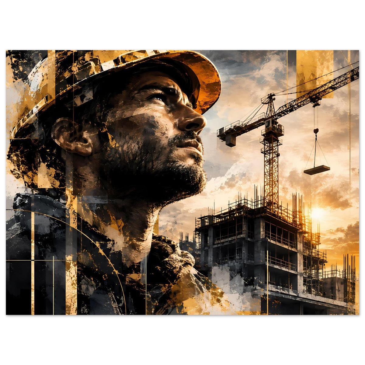 Bauarbeiter-Poster im Querformat: Profilgesicht mit Helm, Gold-Grau und Baukräne