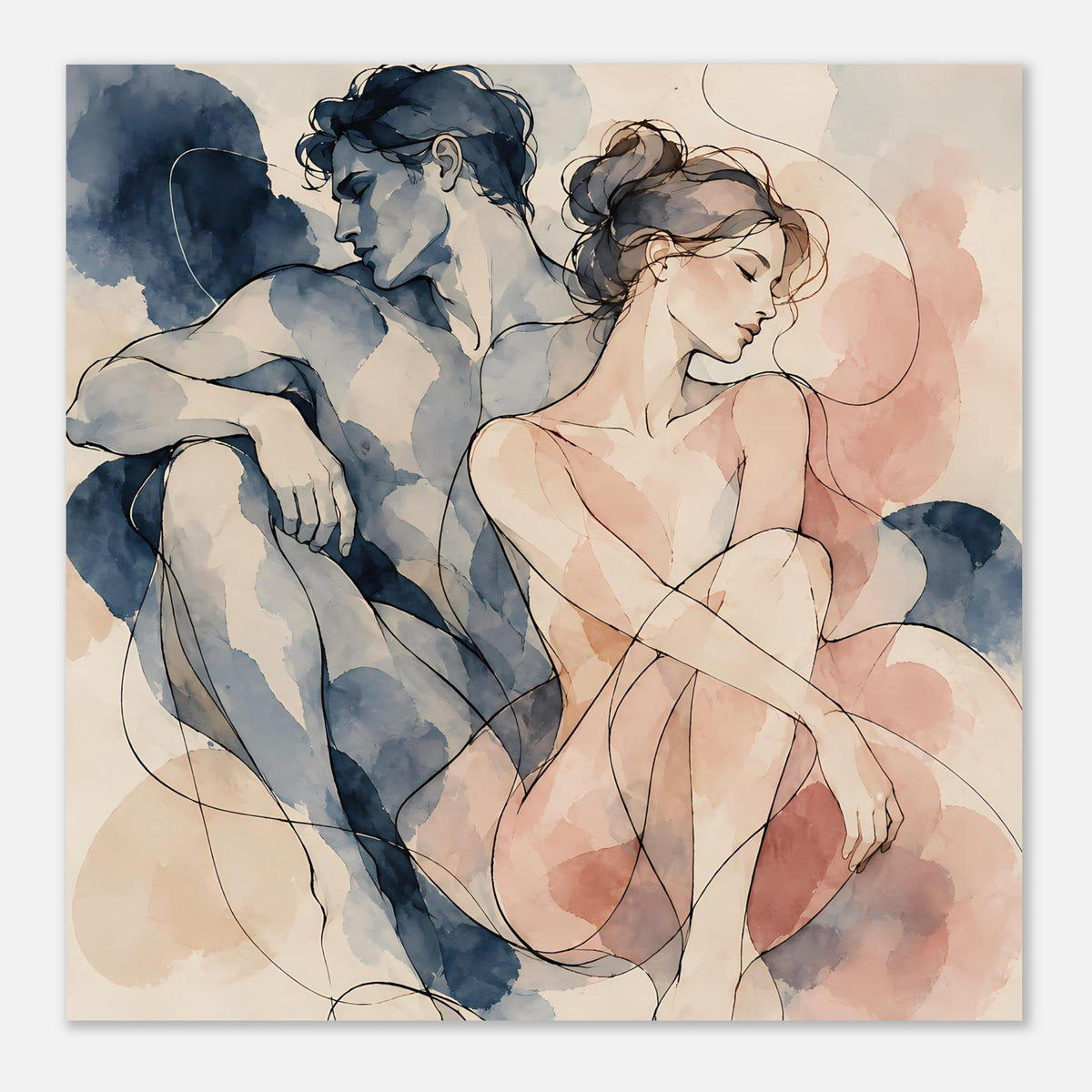 Aquarell-Paarposter im Querformat: Nahansicht von Paaren, Blau-Rosa-Verläufe und Konturlinien
