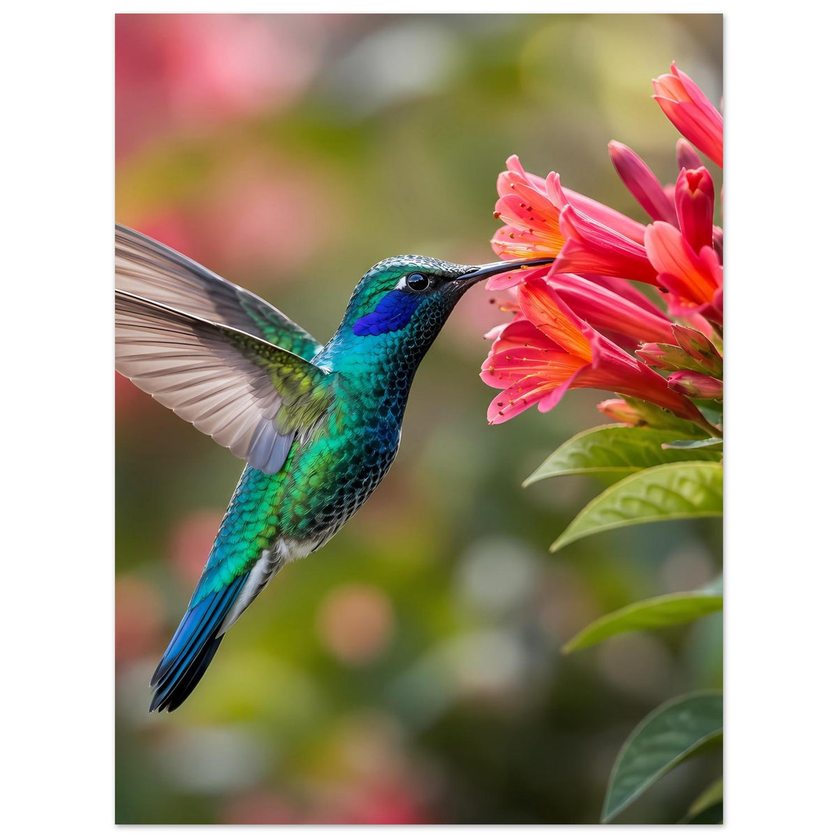 Naturposter: Kolibri türkisblau an rosa Blüten, einzelne Blüten im Vordergrund