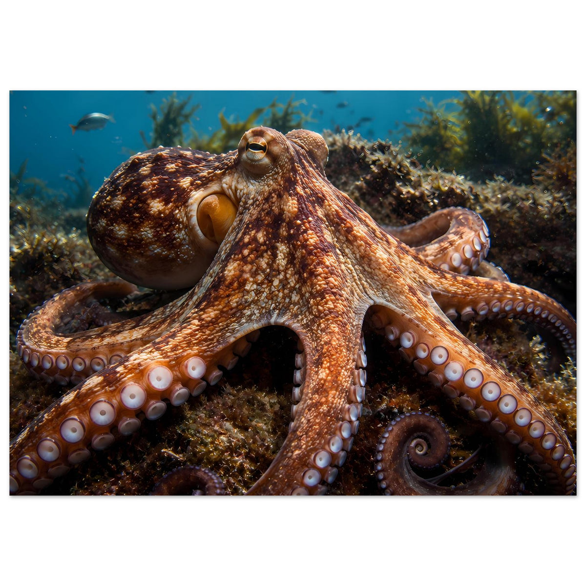 Poster im Querformat mit Oktopus-Motiv: braune Arme über Korallenriff und Meerblick