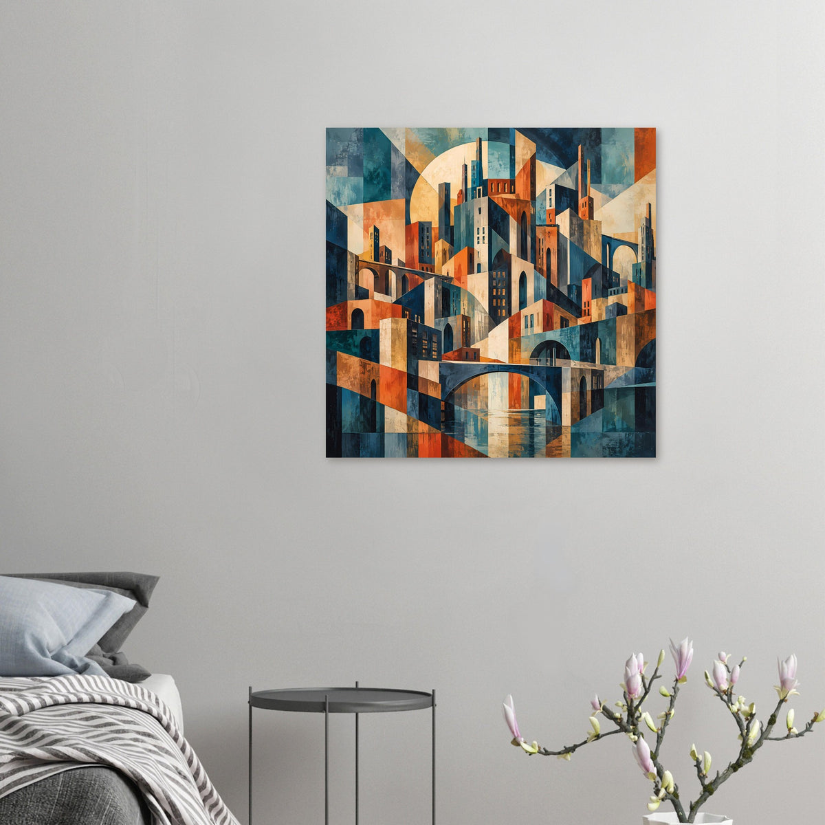 Quadratisches Poster mit geometrischer Stadtansicht und Bogenbrücke in warmen Blau-, Orange- und Ockertönen