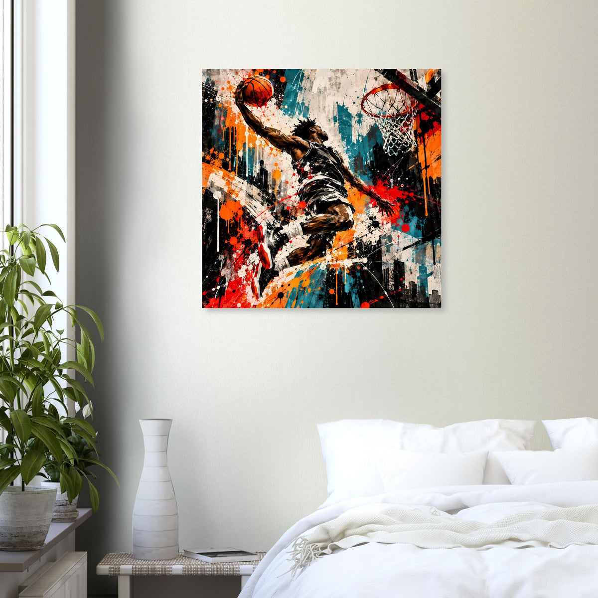 Basketball-Poster mit Splash-Art eines Spielers im Sprung, Ball und Netz sichtbar