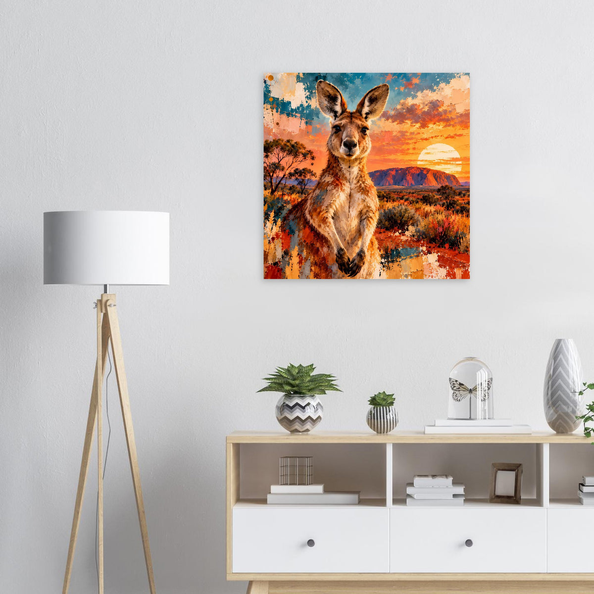 Quadratisches Poster mit Känguru und farbiger Landschaft bei Sonnenuntergang