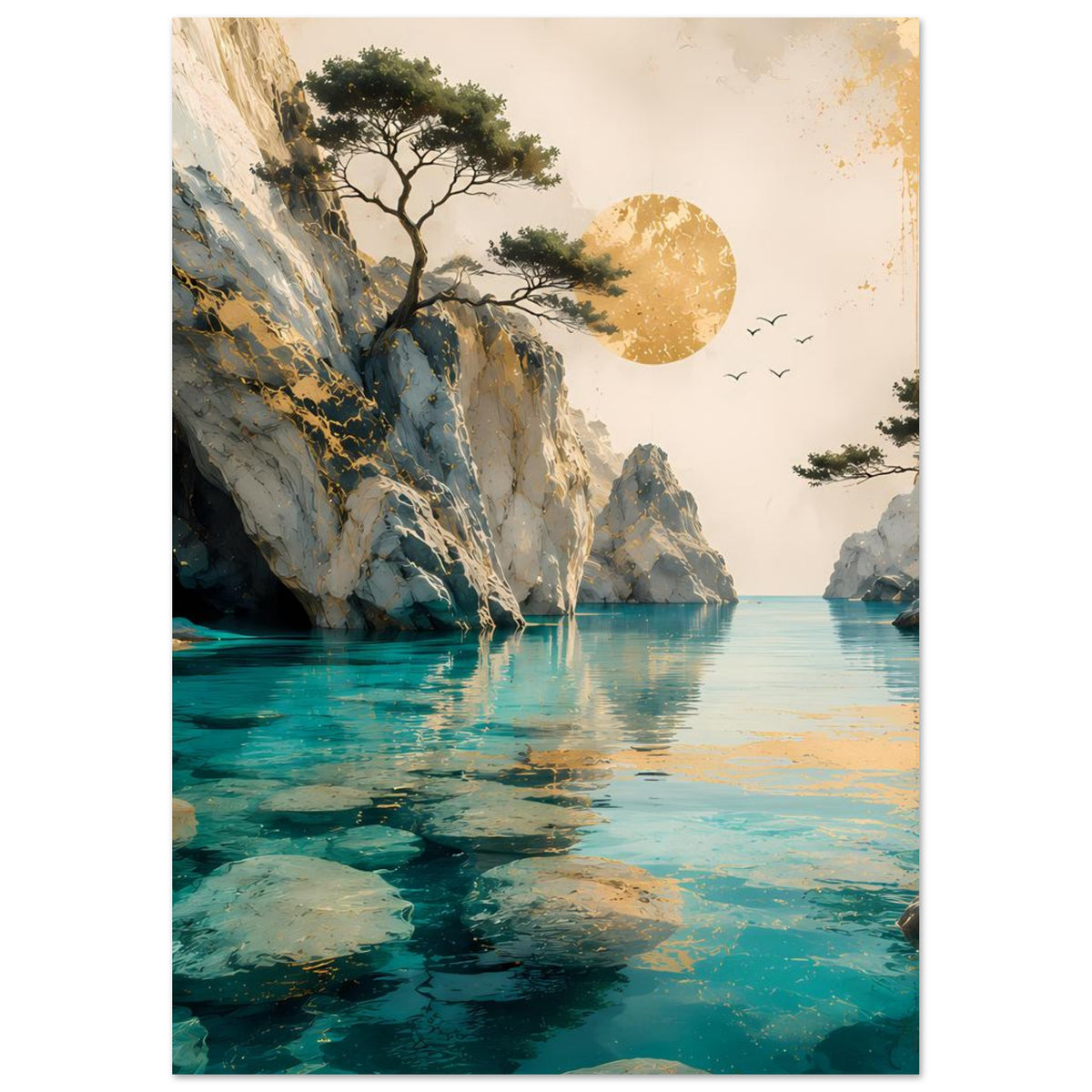 Poster im Hochformat mit türkisblauem Gewässer, steilen Klippen, Baum und Mond