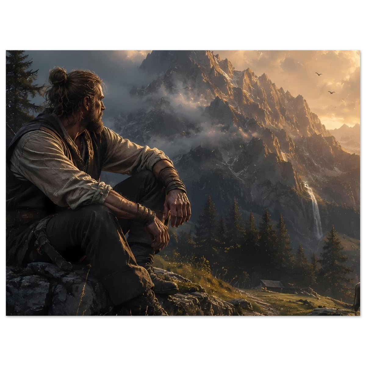 Vertikales Poster mit Bergszene: Mann sitzt am Fels, Sonnenstrahlen zwischen Wolken.