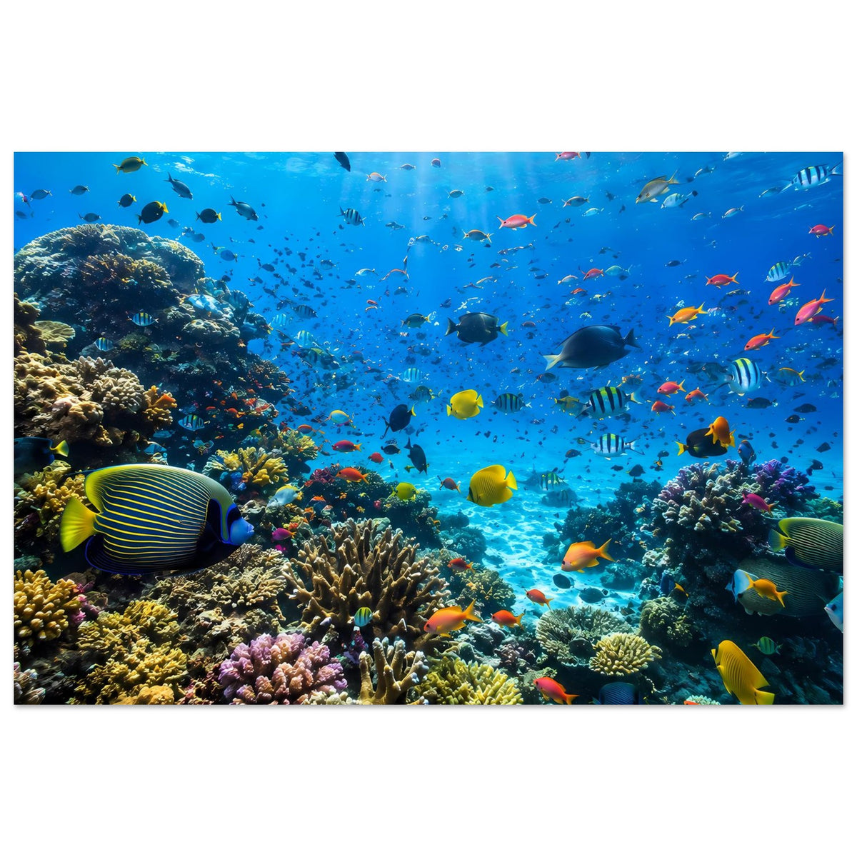 Unterwasser-Poster mit Korallenriff, Lichtstrahlen im Wasser und vielen tropischen Fischen