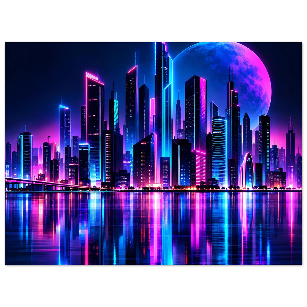 Neon-Stadtmotiv-Poster, quer: futuristische Skyline mit Neonlicht, großer blauer Mondscheibe und Spiegelung