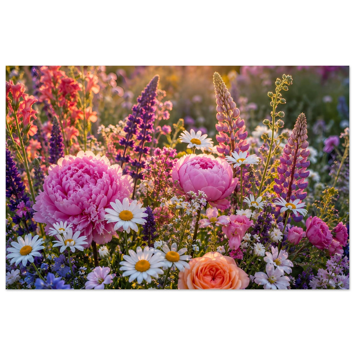 Breitformat-Blumenposter mit Pfingstrosen, Gänseblümchen und violetten Blütenkerzen