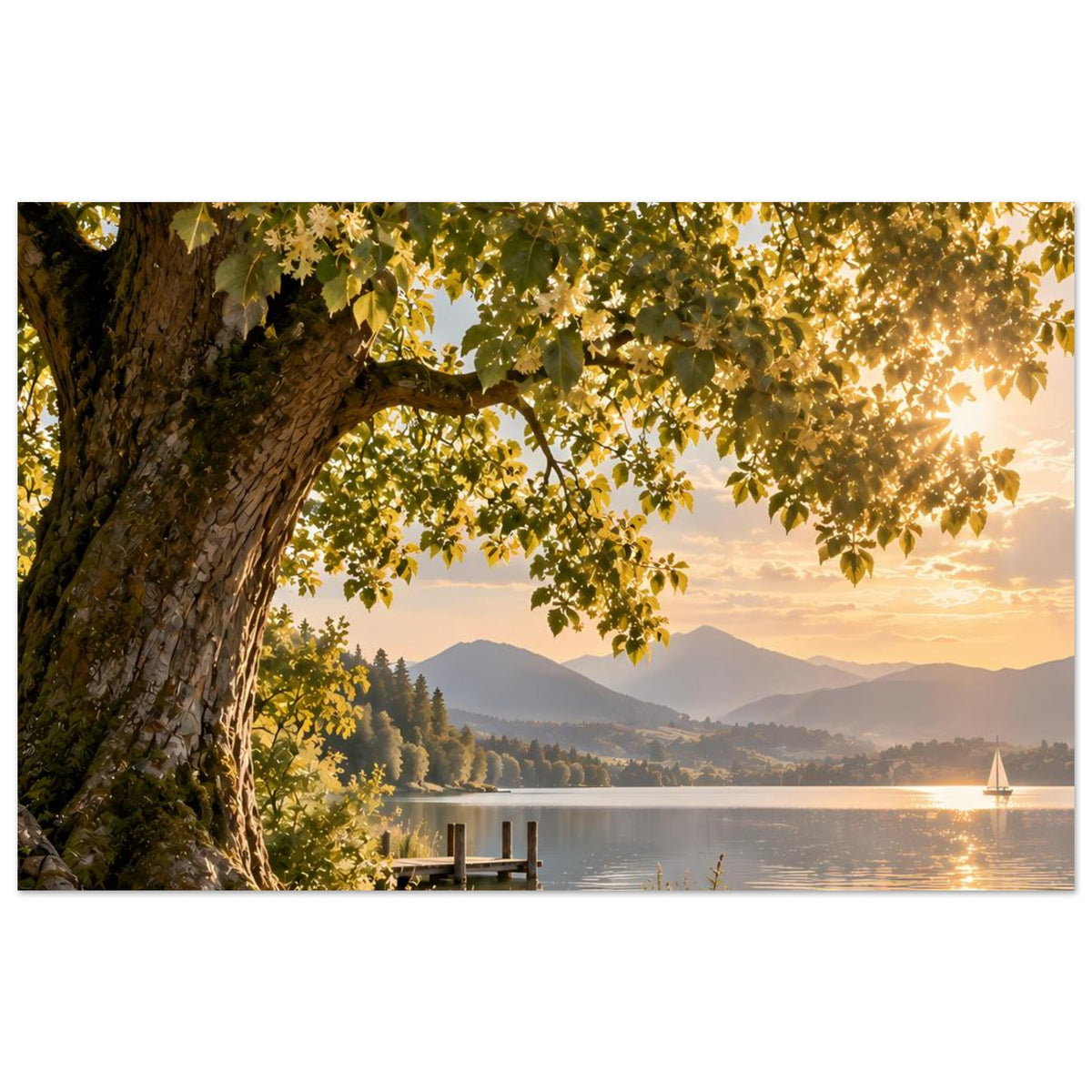 Naturposter mit Baumstamm und gelbem Laub, See und Holzsteg im Abendlicht mit Segelboot