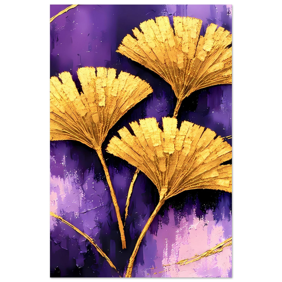 Vertikales Poster mit goldenen Ginkgo-Blättern auf violettem, abstraktem Hintergrund