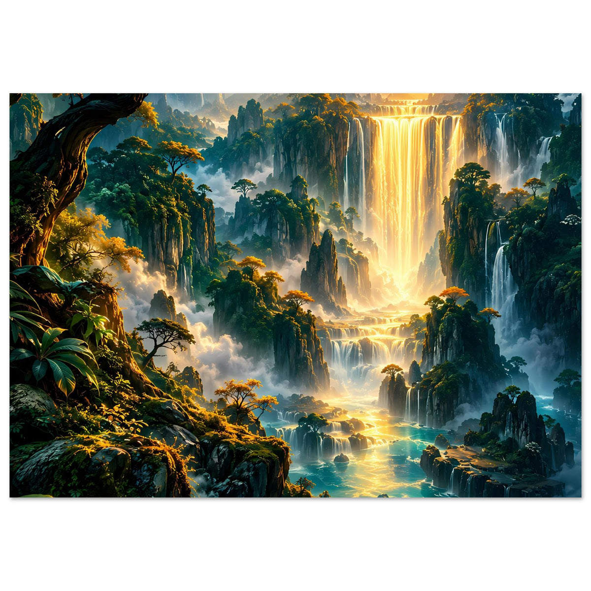Fantasyposter mit Wasserfallglanz, Dschungeltal und warmem Sonnenuntergang