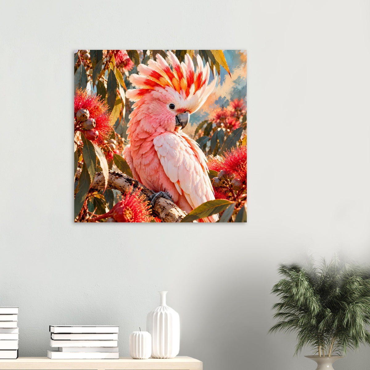 Kleines Poster im Querformat mit rosafarbenem Kakadu, rotes Blütenmotiv und Ast im Vordergrund.