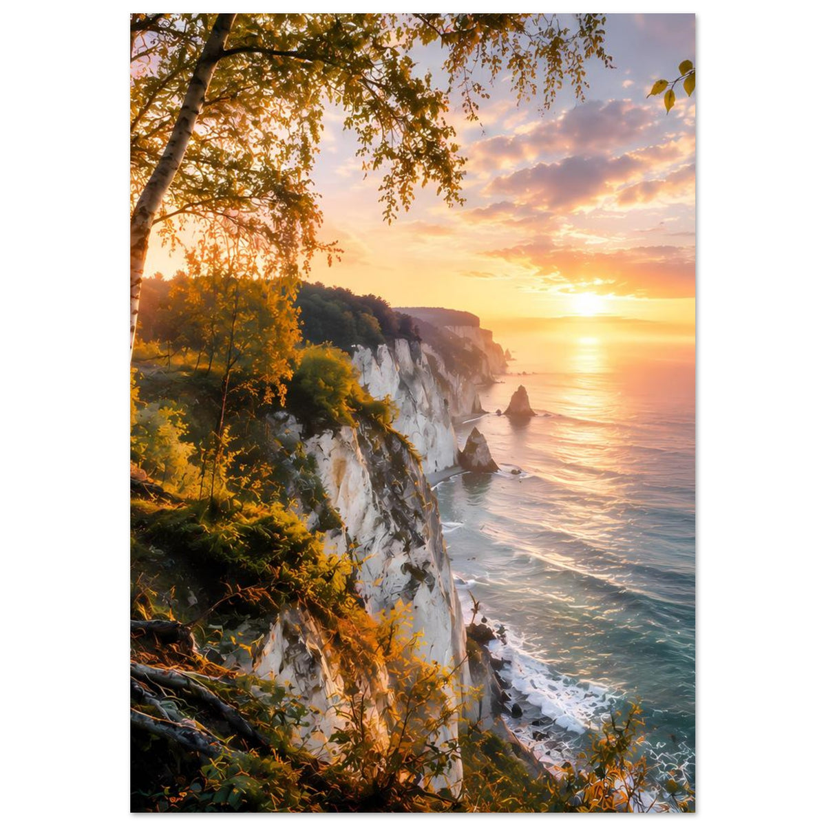 Küstenposter im Hochformat: steile Felswand, Meereswellen und Sonnenuntergang mit rötlichem Himmel