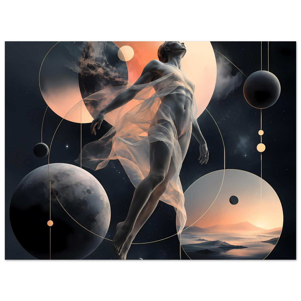 Abstraktes Poster mit Figur im Schleier, Planeten und kreisförmigen Ornamenten im dunklen All-Look