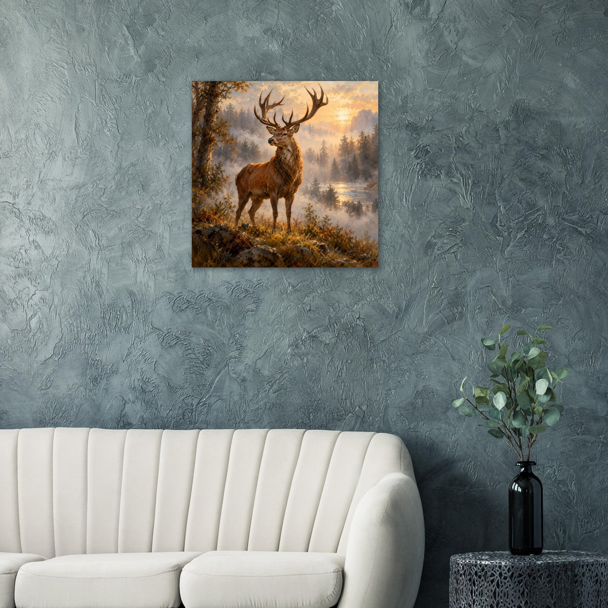Sunrise-Poster mit Hirschmotiv an der Wand, mattes Premiumpapier