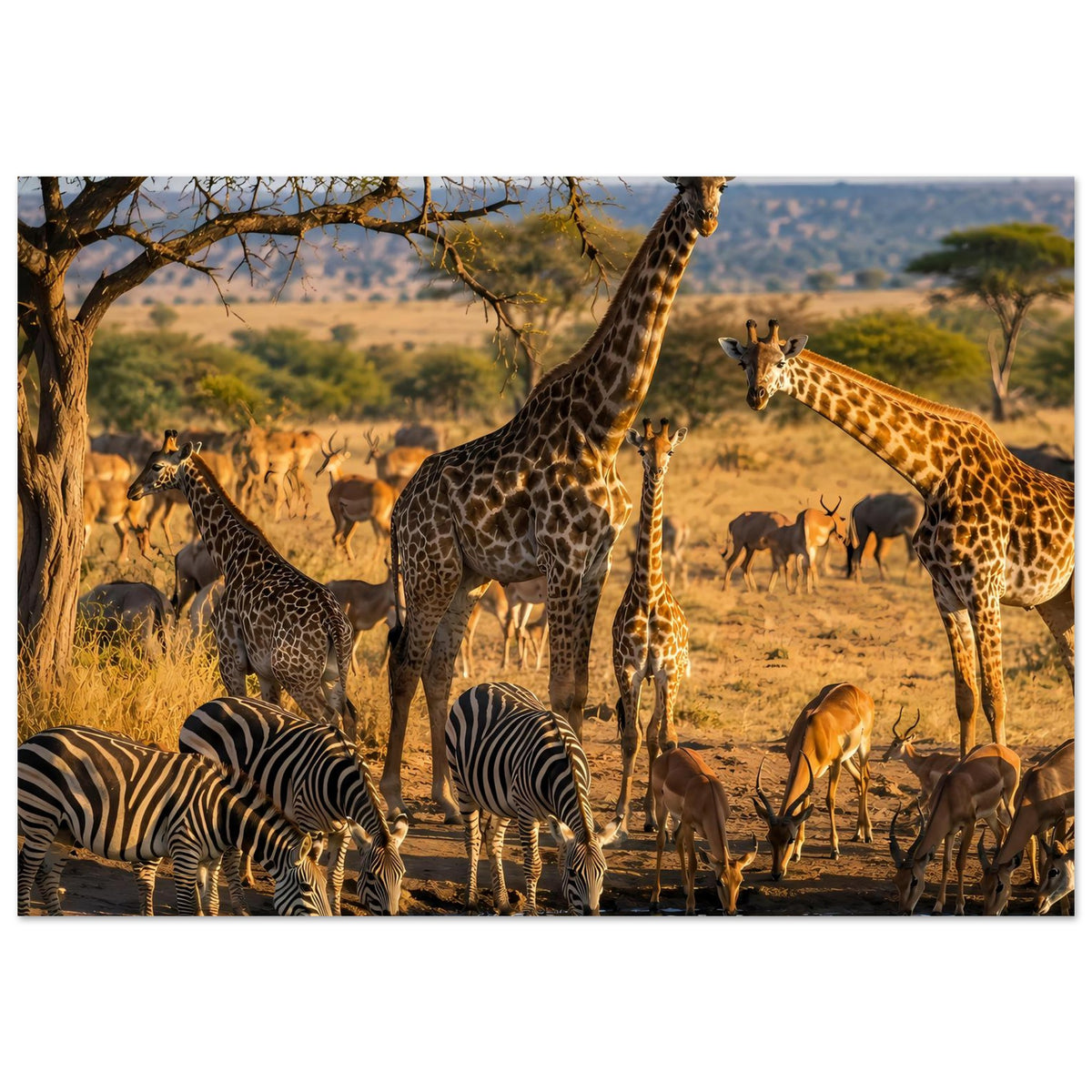 Tierwelt-Poster im Querformat mit Giraffen, Zebras und zahlreichen Antilopen in der Savanne