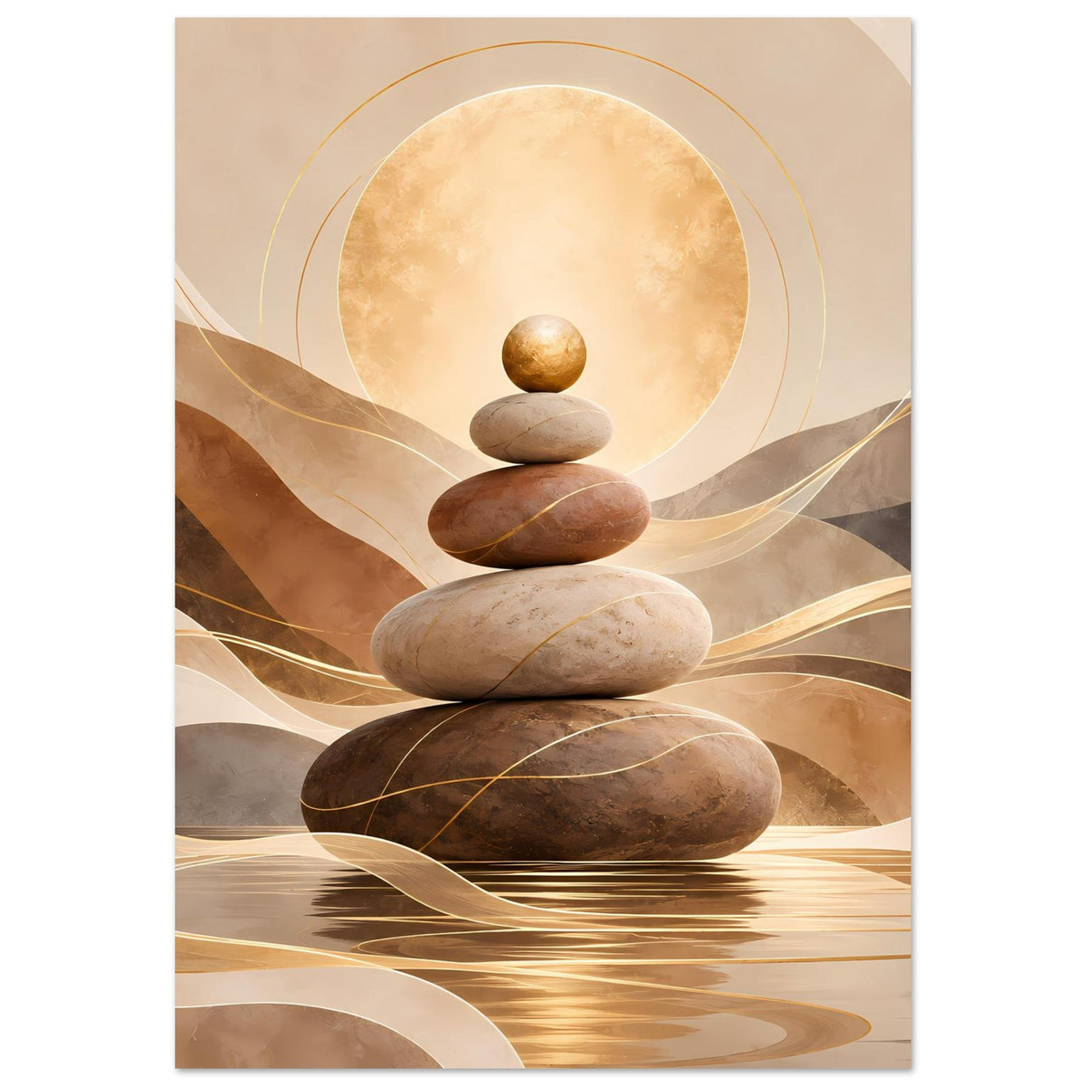 Zen-Poster im Hochformat mit Steinturm, goldenen Akzenten, Kreis und sanften Wellen