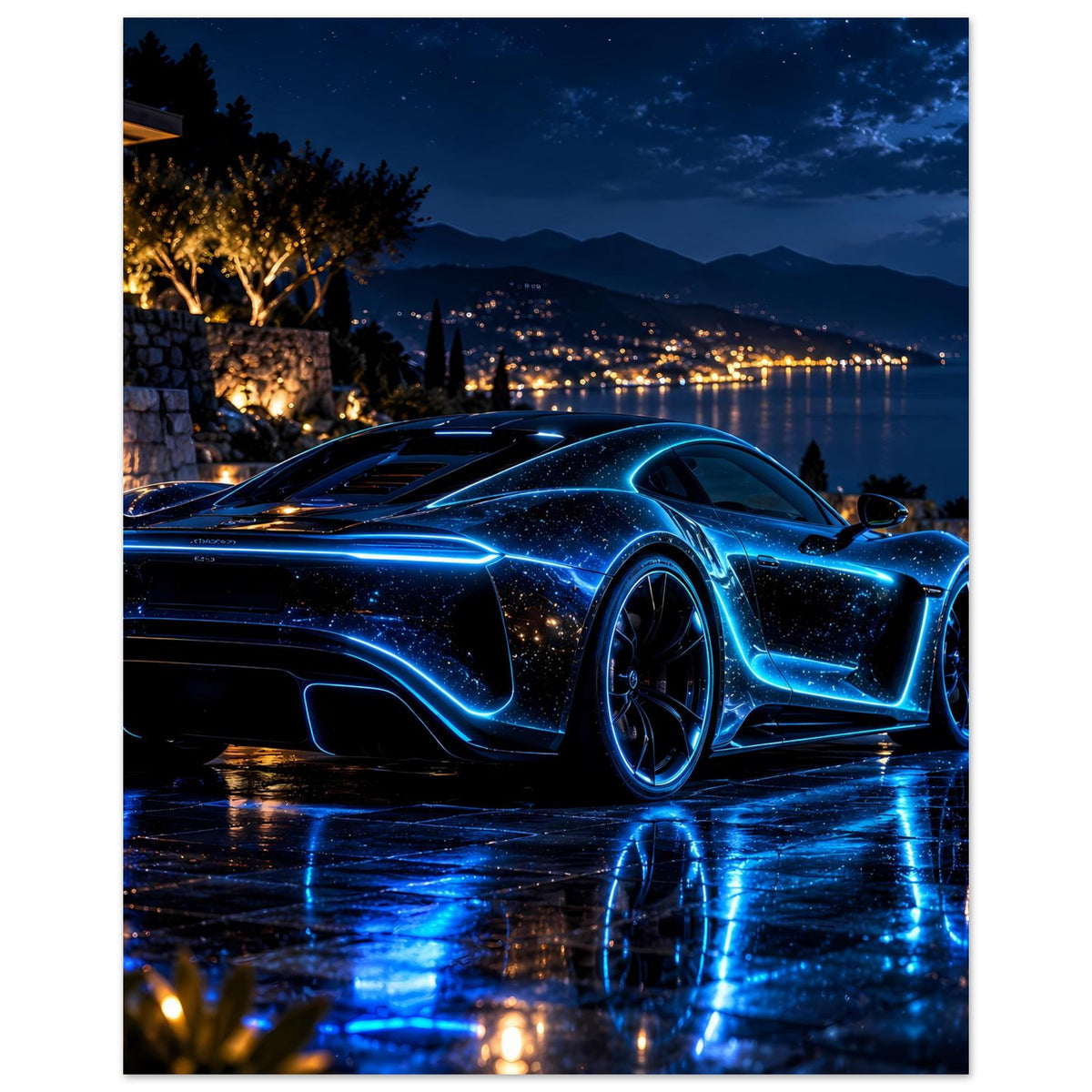 Vertikales Poster: blauer Neon-Sportwagen mit Frontansicht und reflektierendem Boden