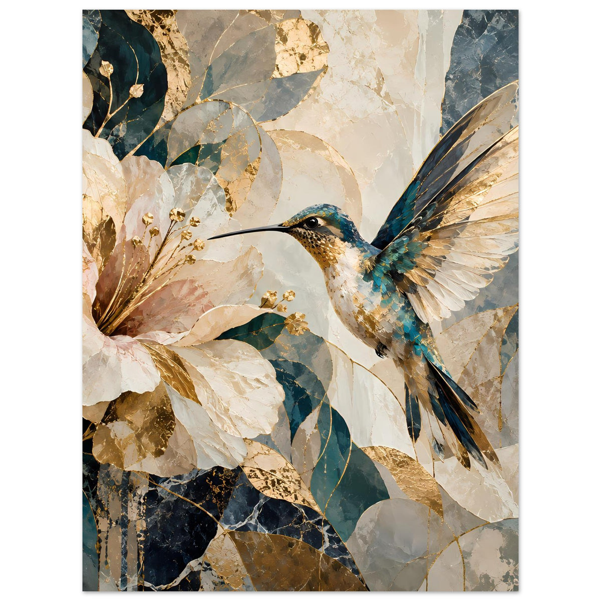 Kunstposter im Hochformat mit Kolibri und Blumen, beige, blau, gold