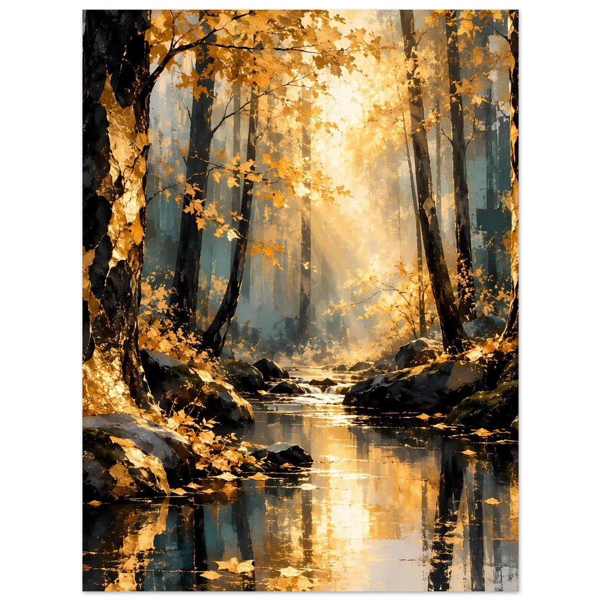 Herbstwald-Poster mit Sonnenstrahlen im Nebel und reflektierendem Wasser im Bach