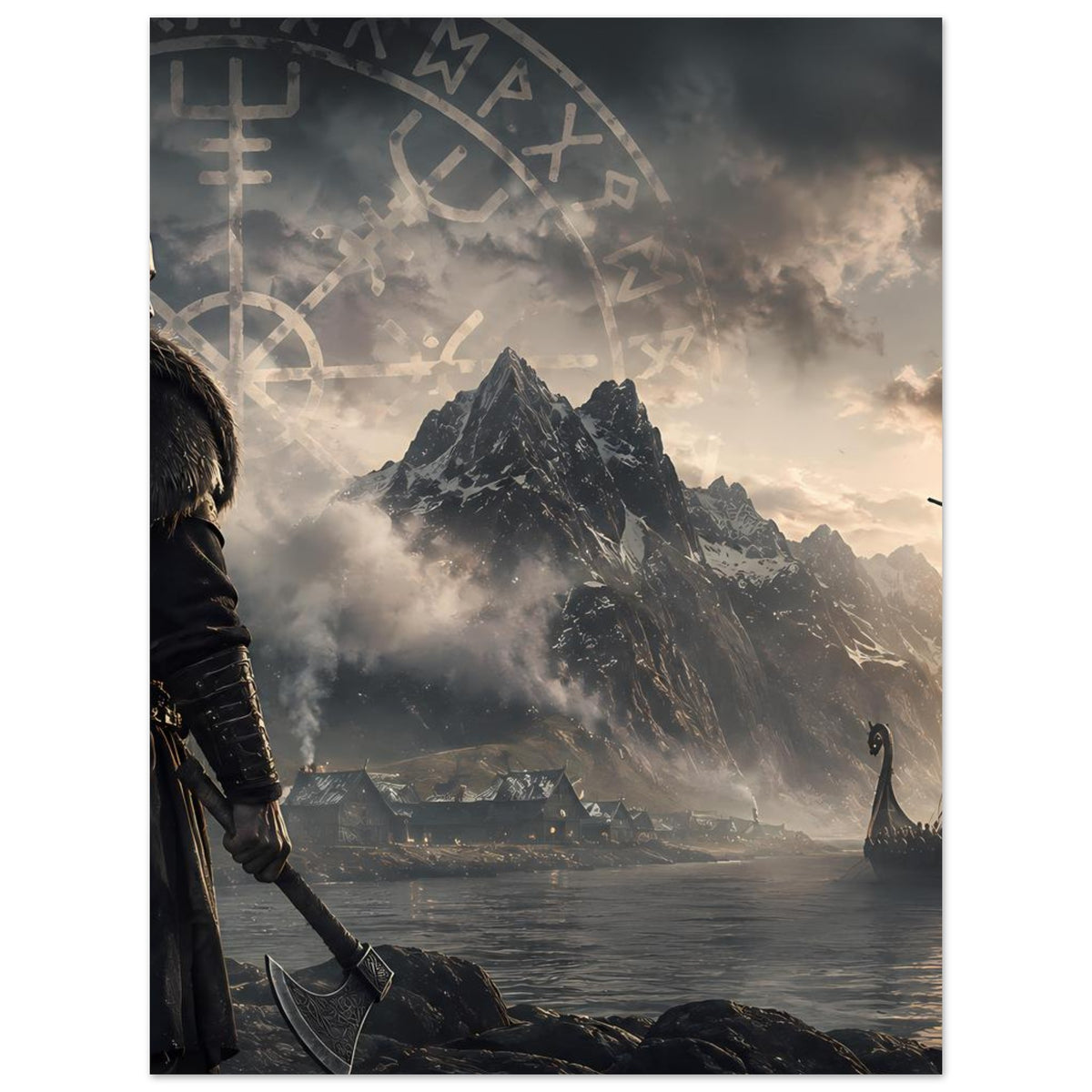 Wikingerposter mit Runenbogen, Krieger links, dramatische Berge, Fjord und Segelboot