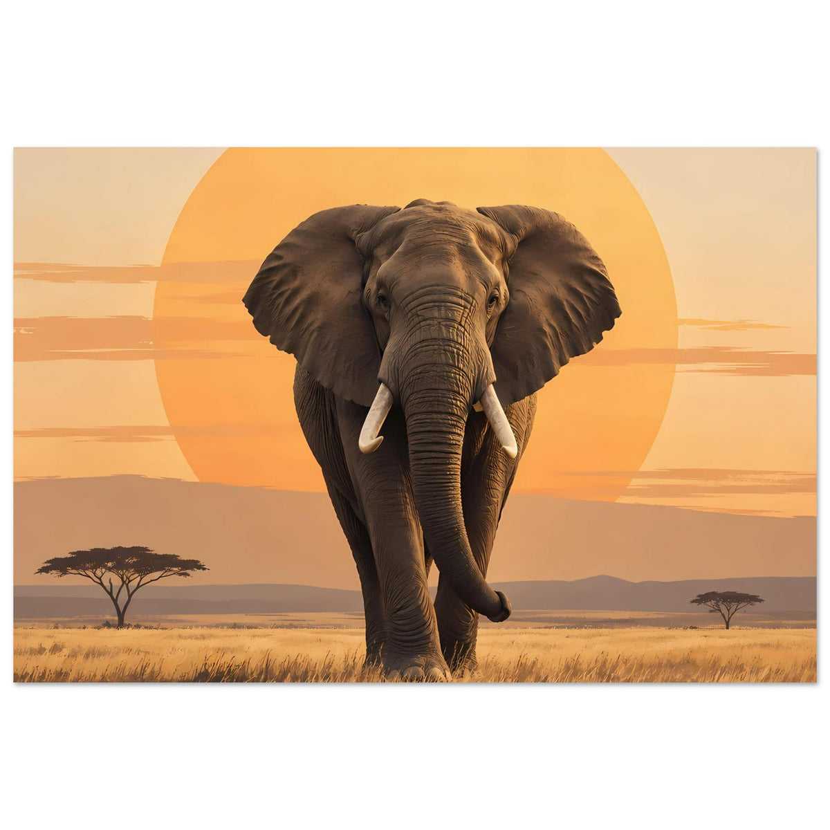 Elefanten-Sonnenuntergangsposter mit laufendem Elefanten und gespreizten Ohren, quer