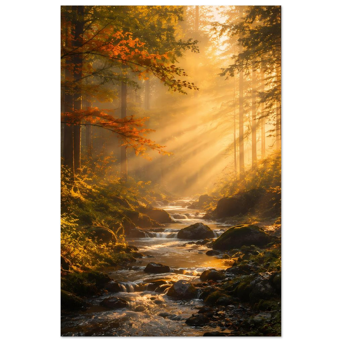 Vertikales Poster mit Sonnenaufgang im Herbstwald, silbrig schimmernder Bachlauf und Felsbrocken