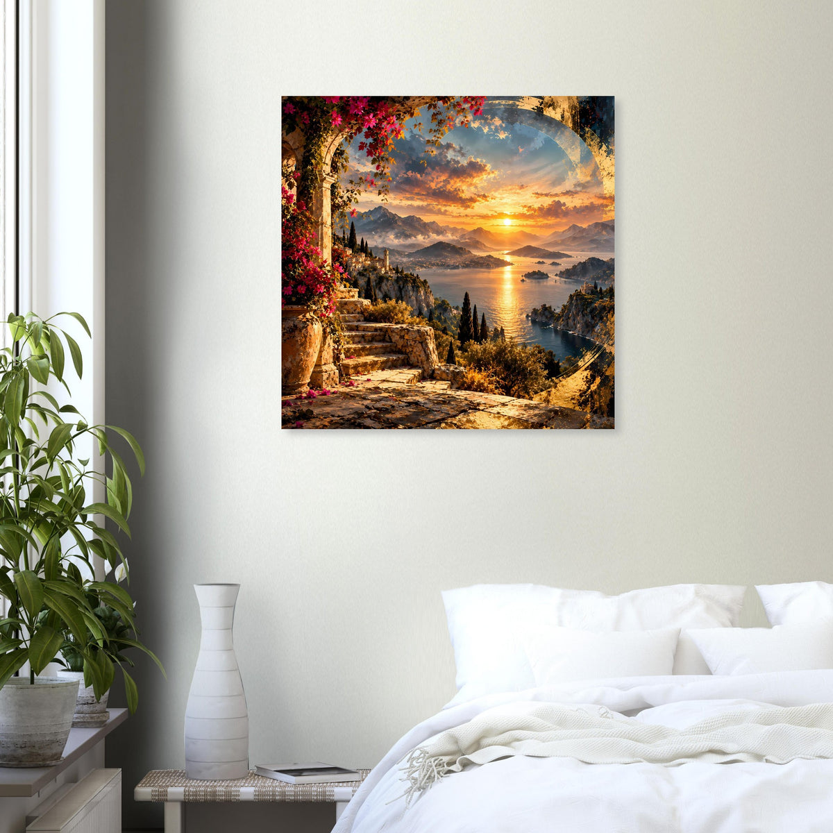 Küstenposter mit Sonnenuntergang, Blick über das Meer und Weg am Felsenhang