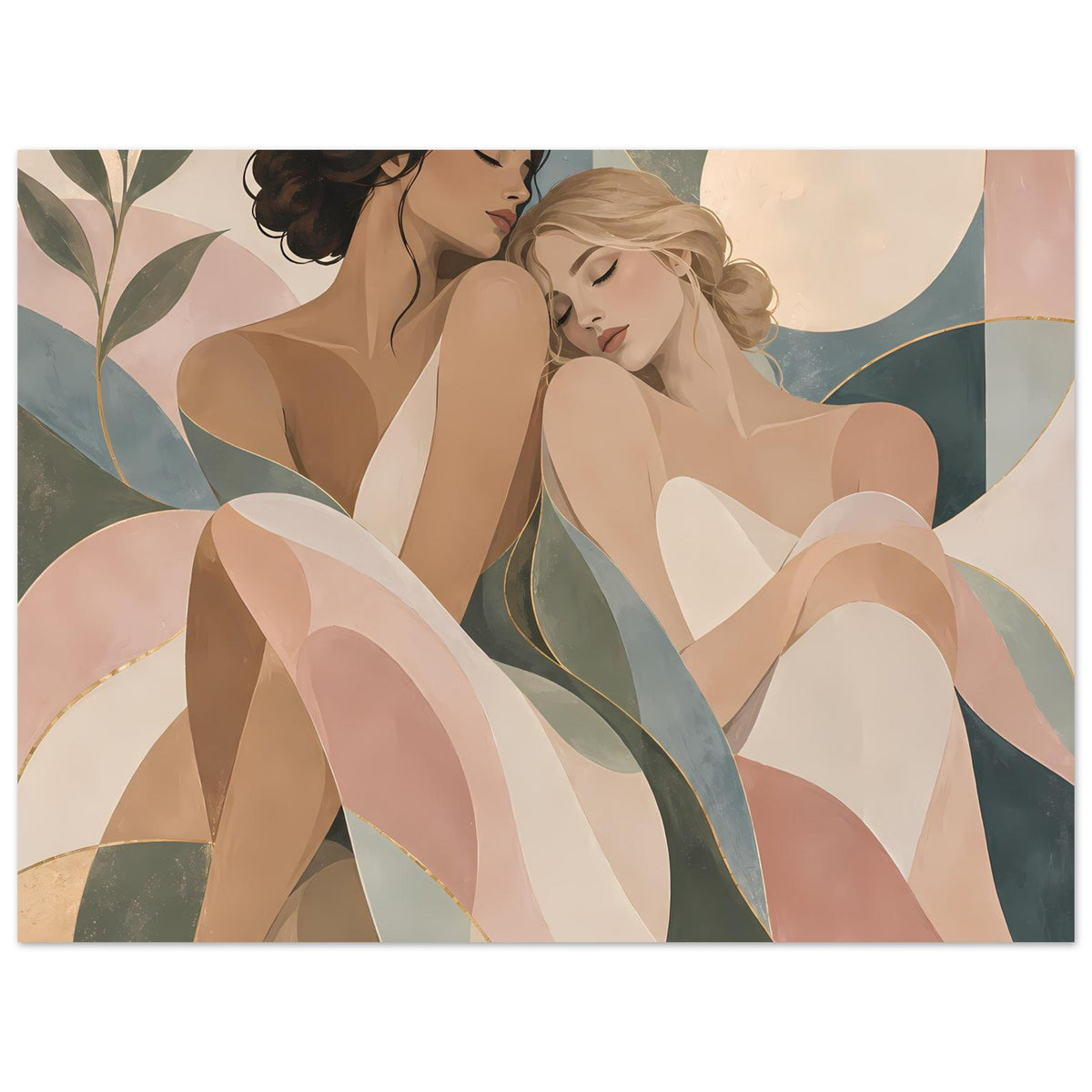 Poster mit Art‑Nouveau‑Motiv: zwei Frauen und elegante Kurven, Pastellpalette, goldene Akzente